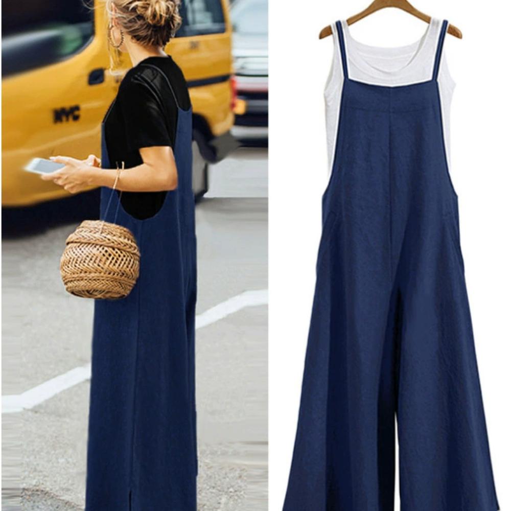 Damski Letni Kombinezon Bez Rękawów Jednolity Kolor Szeroka Nogawka Ogrodniczki Casualowy Luźny Bawełna Len Ramiączka