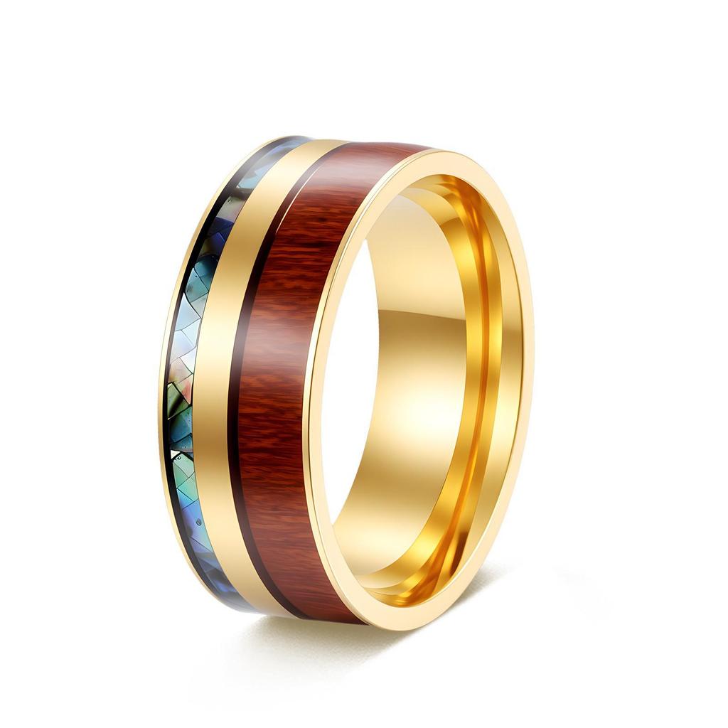 European-American Wood Grain Abalone Shell Titanium Steel Ring - Luxury Men's Tungsten Carbide Jewelry.