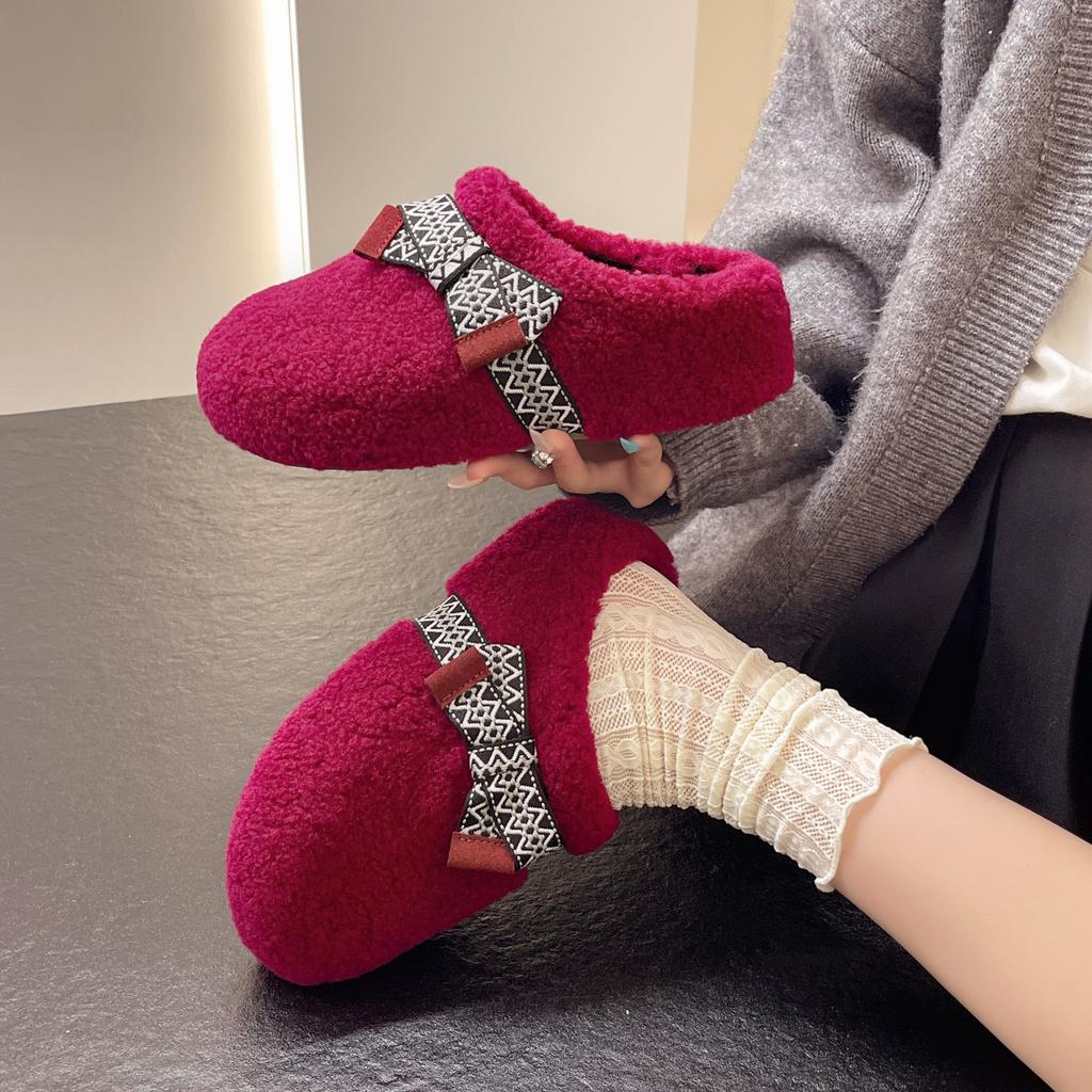 Schleife Lammwollpantoffeln Damen tragen Herbst und Winter Mode ein Pedal Samt warm Taschenkopf halbschlepp flacher Boden