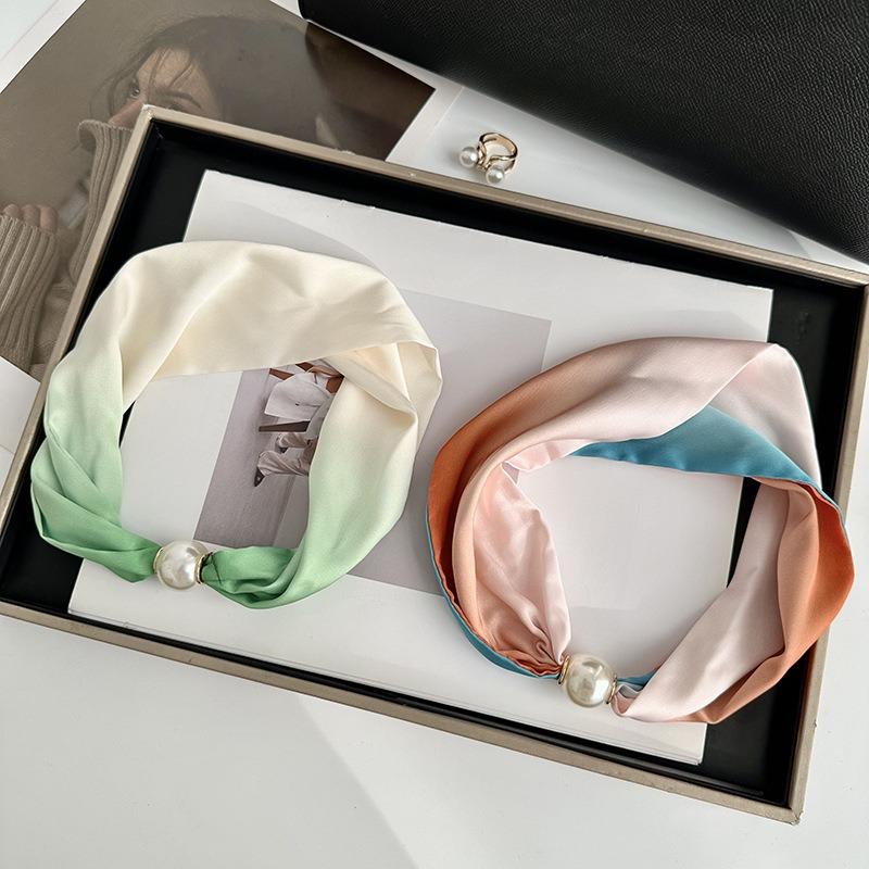 Silk scarf long strip high-end spring and summer new versatile pearl necklace neck chain scarf magnetic buckle silk scarf