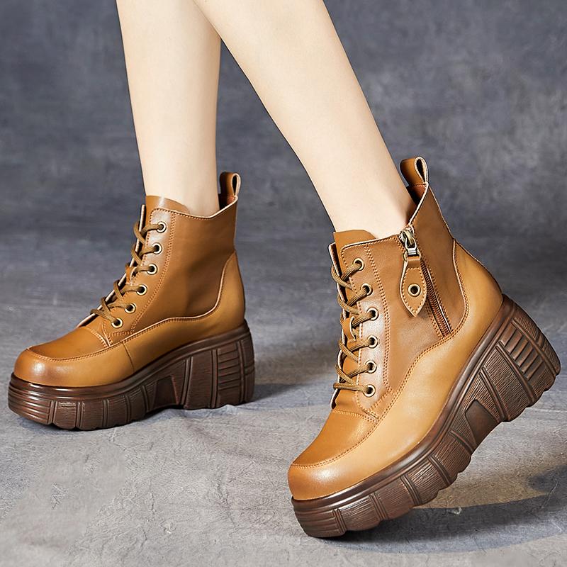 Fashion GKTINOO Ankle Women Boots Zip Winter 2024 New Women Shoes Genuine Leather Round Toe Handmade Retro Concise Platform Boots