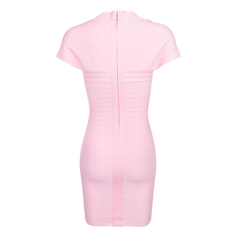 European and American Elegant Pink Valentine's Day Low-Cut Striped Bandage Dress - Sexy, Hip-Hugging Date Dress.