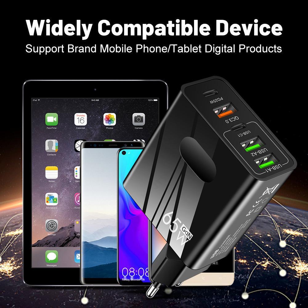 65W PD Rapid Charger: 5A Type-C + 3 USB Multi-Port Travel Adapter