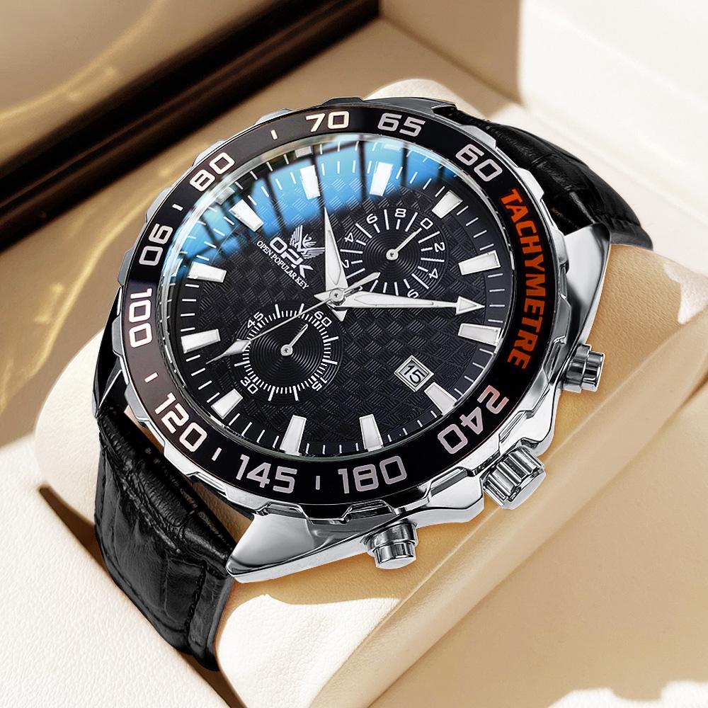OPK 8163 Quartz Watch for Man 46mm Big Dial Leather Strap Tachymeter Auto Date Chronograph Men's Watches Waterproof Sports Watch