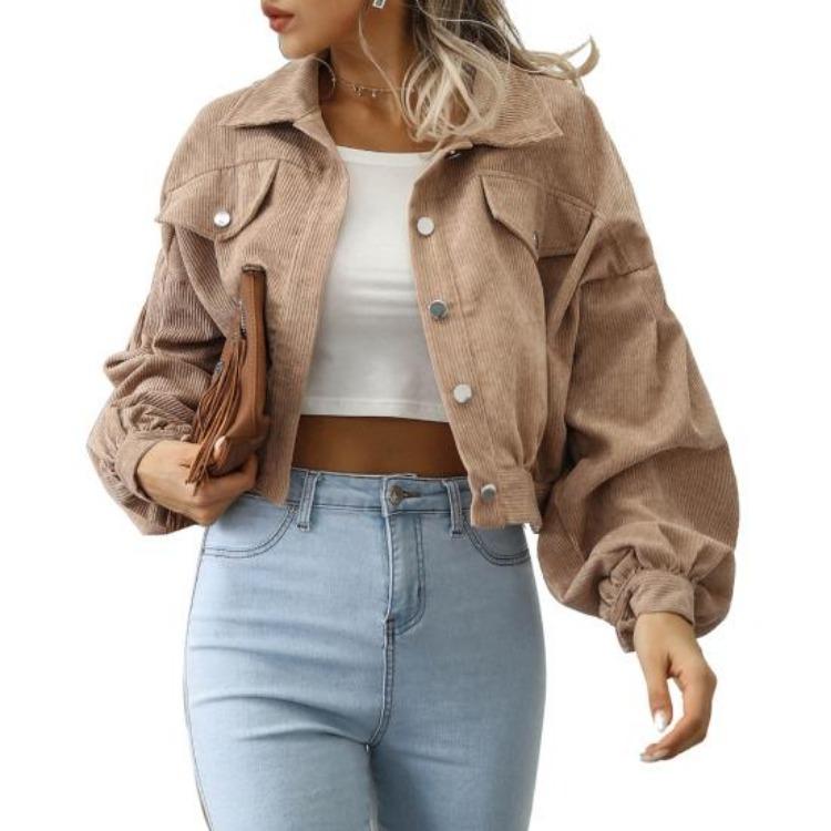Giacca Corta in Velluto a Coste Vintage Autunnale da Donna Cappotto Monocolore Revers Manica a Lanterna Monopetto Capospalla