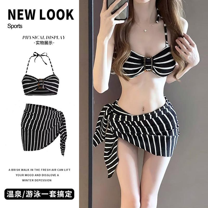 Swimsuit women's new split neck small chest gathering split black striped vacation bikini hot spring