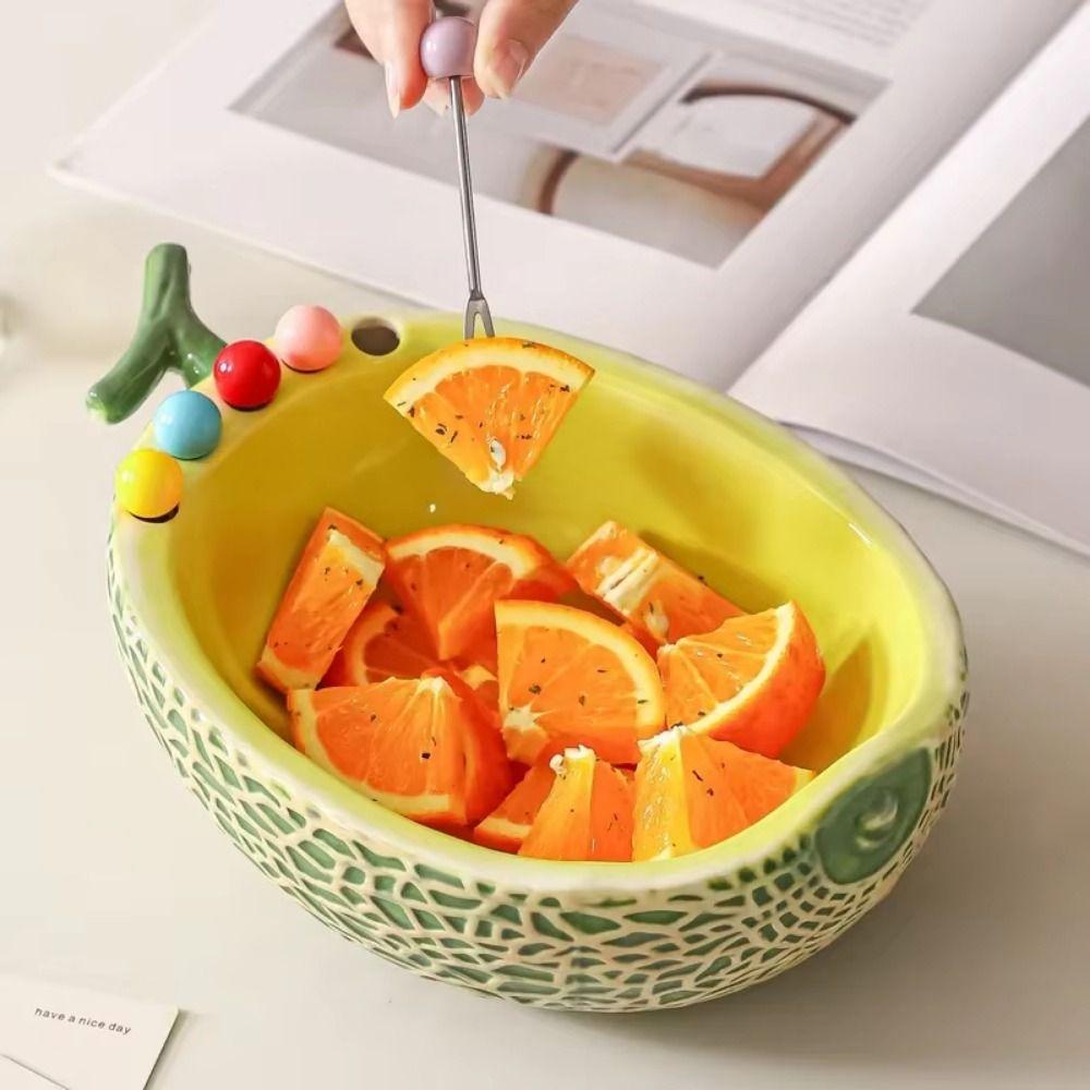 Hami Melon Shape Fruit Bowl with Fork Large Capacity Cute Toothpick with Holder Household Use