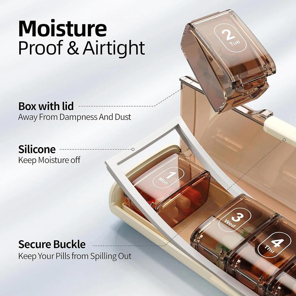 1 ks Vlhkotěsný týdenní organizér na pilulky Bez BPA Cestovní 7denní krabička na pilulky Pouzdro na cestování pro vitamíny Doplňky Léky