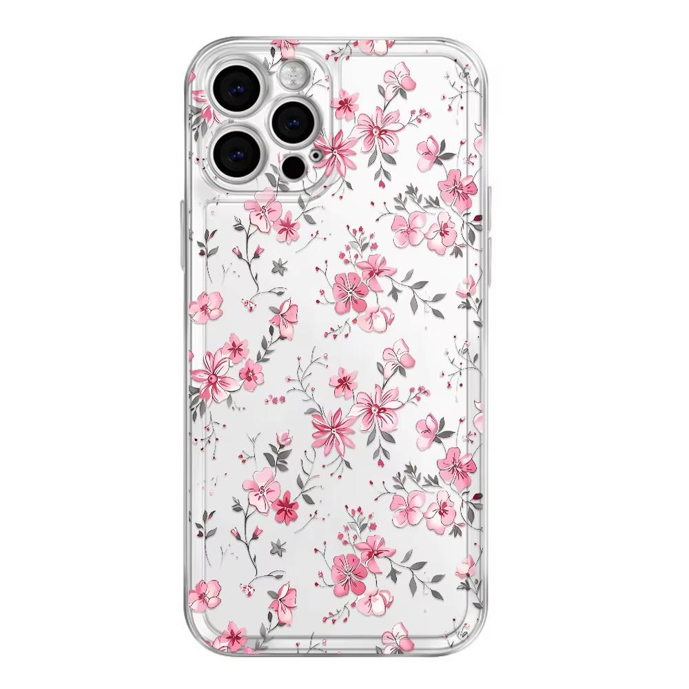 Pink Floral Print Clear Phone Case For Samsung Galaxy S26 S25 Ultra S24 S23 FE S22 S21 Plus S20 A73 A72 A71 Silicone Cover
