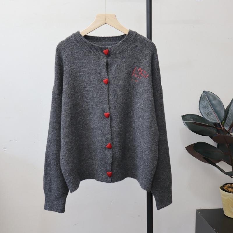 

Вышитый серый вязаный кардиган с круглым вырезом, новый осенне-зимний, свободный, в ленивом стиле, мягкий, восковой свитер-куртка для женщин one size fits all серый