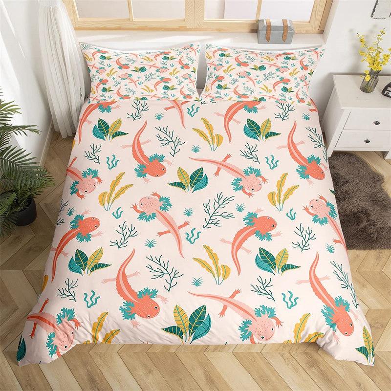 Cartoon Axolotl Duvet Cover Full For Kids Boys Girls Toddlers Kawaii Axolotl Bedding Collection Cute Sea Weed Coastal Comforter Cover
