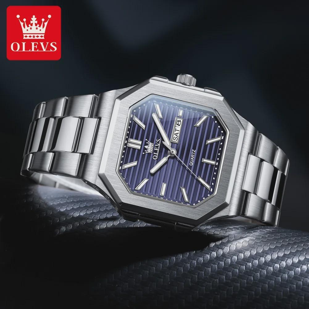 OLEVS Watch Luxury Man Original Square Quartz Watch Stainless Steel Waterproof Luminous Week Date Watches For Man