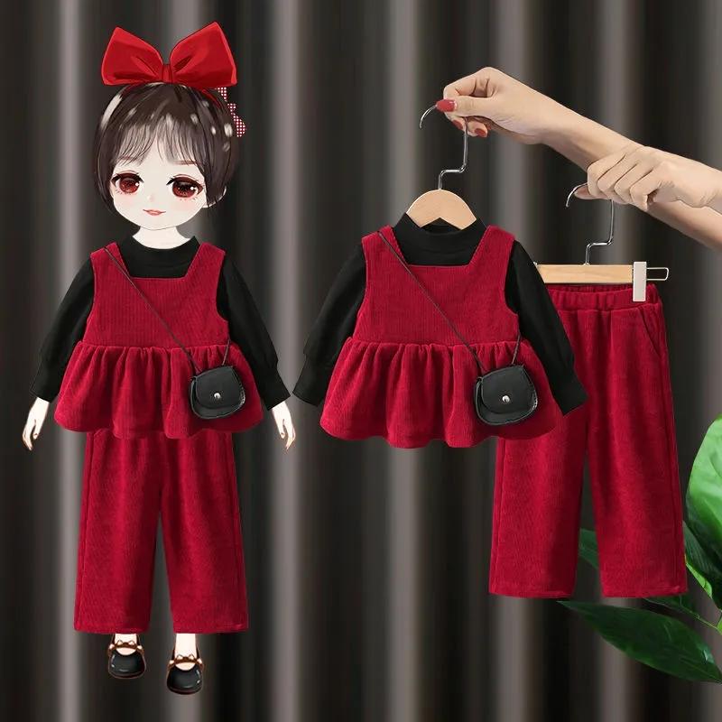 

Костюм-тройка для девочек, корейский жилет + свитер + брюки, комплект из трех предметов, повседневный сплошной цвет, модные широкие брюки, весна и осень 130 красный