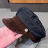 Navy Hat Autumn New Ins Denim Color Matching Metal Label Flat Top Newsboy Hat Female British Beret