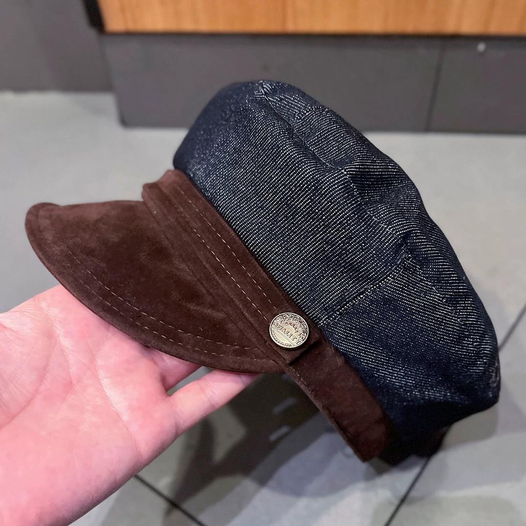 Navy Hat Autumn New Ins Denim Color Matching Metal Label Flat Top Newsboy Hat Female British Beret