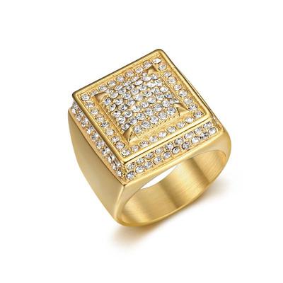 HIP Hop Signet Ring for Men, Gold Color Square Top Stainless Steel Rhinestone Finger Band, Gothic Punk Rock Boy Stamp Rings