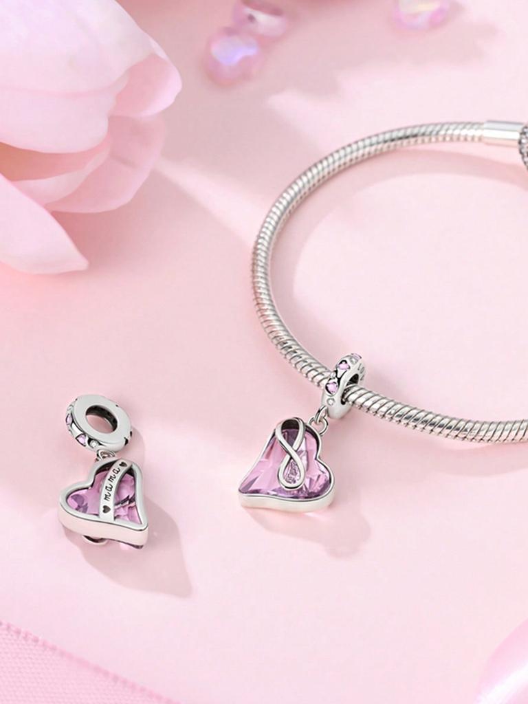 Copper Plated Original Charms Valentine'S Day Pink Heart Beads Fit Bracelet Women'S Jewelry Gift
