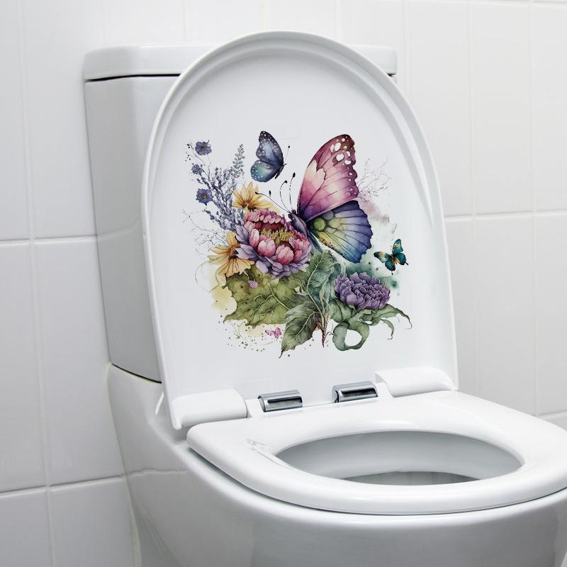 Butterfly Flower Toilet Sticker Self Adhesive Bathroom Wall Decoration Waterproof Removable Vinyl Art