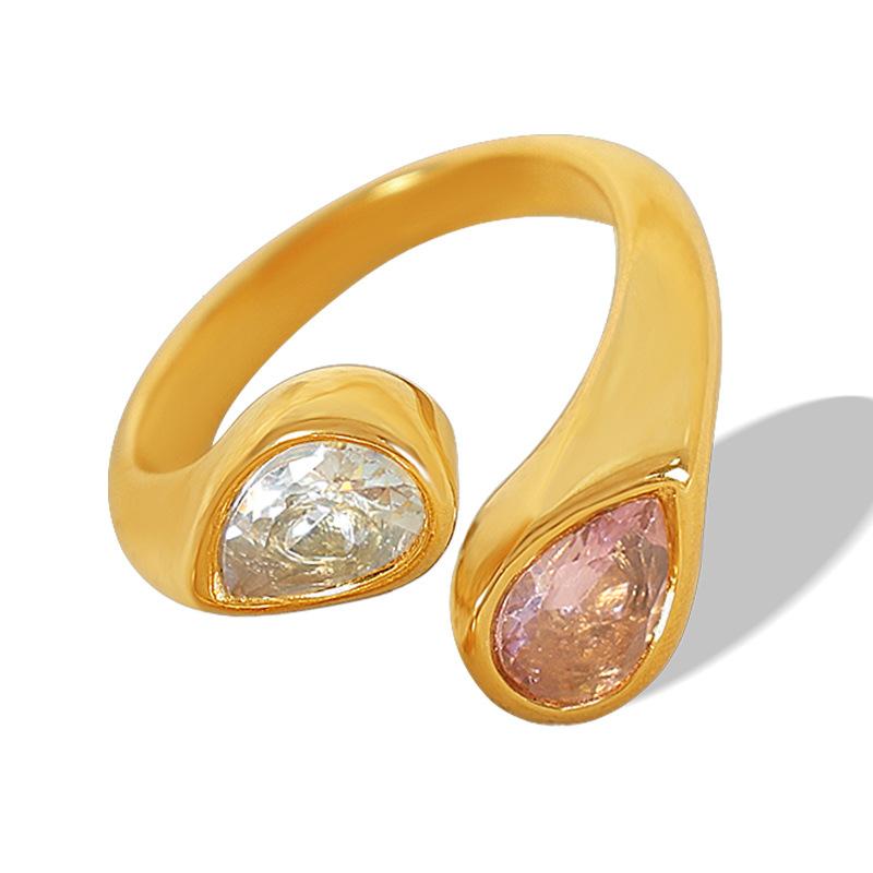 Literary titanium steel gold-plated 18k open ring niche inlaid with water drop-shaped two-color zircon design