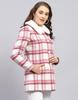 MONTE CARLO Dámský kostkovaný kabát s růžovým límcem a dlouhým rukávem
