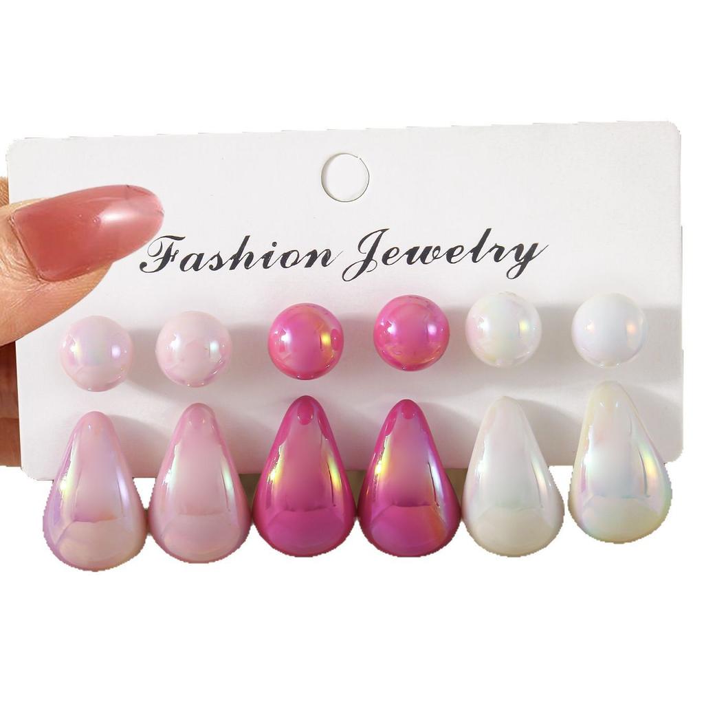 Popular pink water drop earrings set, European and American design stud earrings, versatile earrings, pair