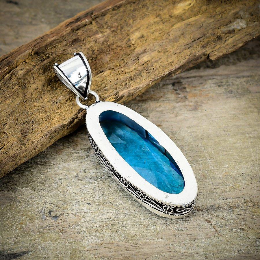 Swiss Blue Topaz Gemstone 925 Sterling Silver Jewelry Pendant 2.48" M-157