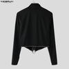 INCERUN Men Stand Neck Long Sleeve Bandage PU Patchwork Casual Cropped Tops T-shirts