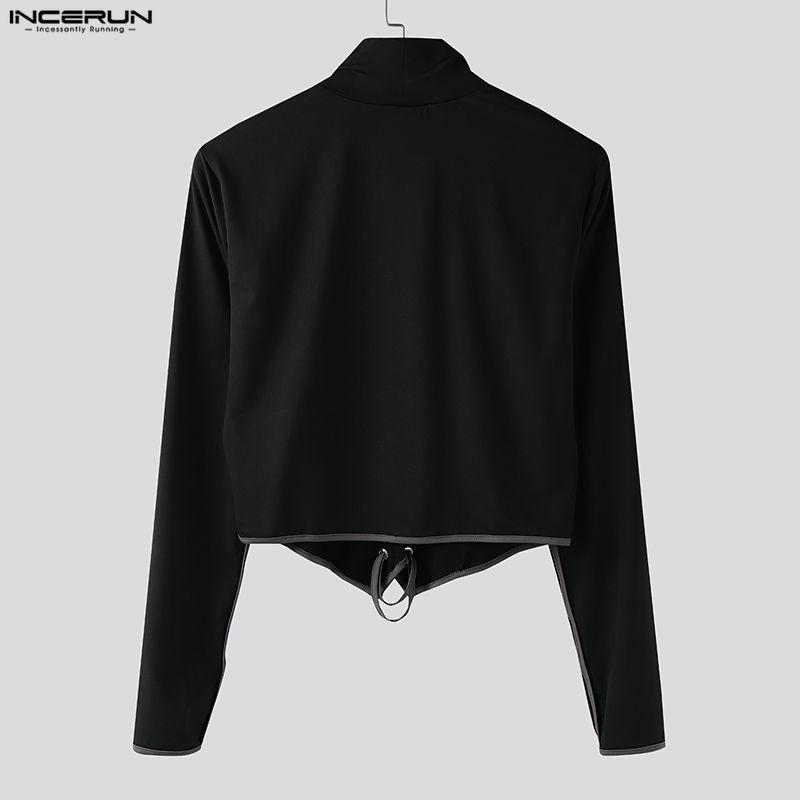 INCERUN Men Stand Neck Long Sleeve Bandage PU Patchwork Casual Cropped Tops T-shirts