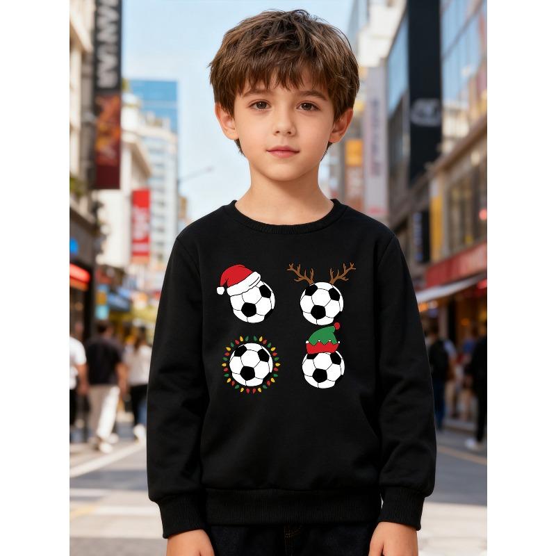 European sizes Kids' Round-neck Pullover, Long-sleeved Top , Christmas Football Print, Suitable for Daily Casual Wear and Outdoor Activities