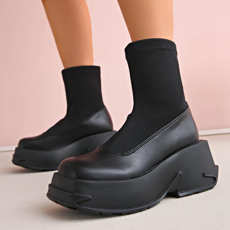 Stretch Boots Women's Round Toe Spliced Sleeve Platform Anti-Slip Wear-Resistant Short Shoe