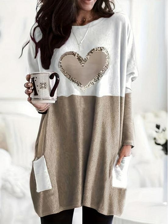 2025 Plus Size Women's Holiday Patchwork Heart Cartoon Long Sleeve Top