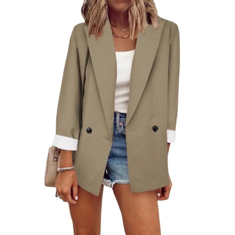 Autumn Winter Women Blazer Top Office Lady Elegant Fashion Long Sleeve Lapel Collar Button Loose Suit Coat Jacket Outwear