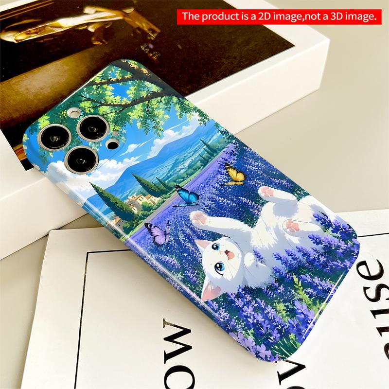 2DFlat White Kitten in Lavender Field with Butterflies All inclusive film hard iPhone case, compatible with iPhone 18 Pro Max 17 16 15 14 13 12 11