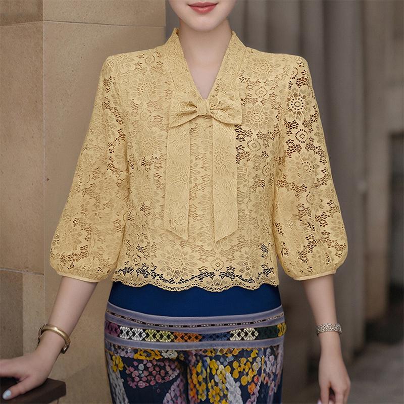 

ZANZEA Women Casual V-Neck 3/4 Sleeve Patchwork Lace Blouse 5XL хаки