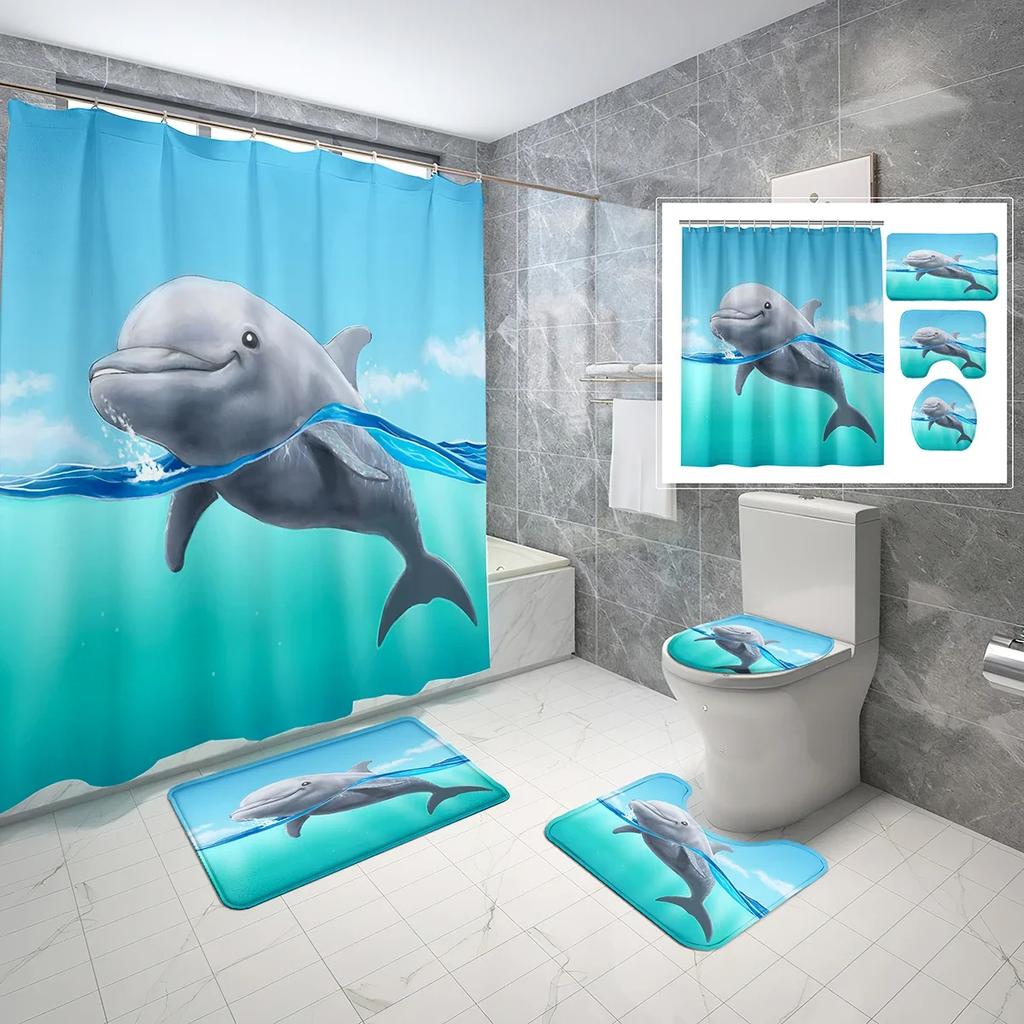4 Sets Dolphin Shower Curtain Sets With Non-Slip Bath Mat,Toilet Lid Cover And Ocean Animals Blue Sea World Shower Curtain Set