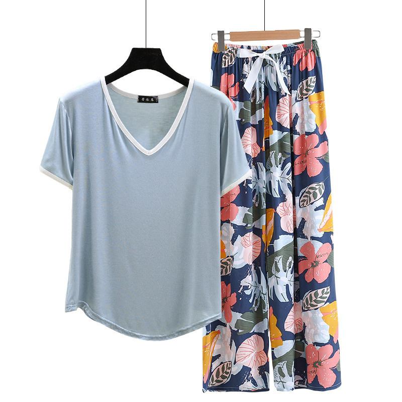 Modal Loungewear V-Neck color-block Tshirt and Floral Wide leg pants Summer Thin Pajamas sets Casual Plus size Homewear 2pcs suit Comfort clothing