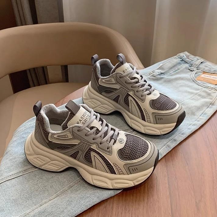 2025 Autumn and Winter New Thick-soled Versatile Casual Shoes Women's Feet Small Velvet Dad Shoes Gray Sports Shoes Cotton Shoes
