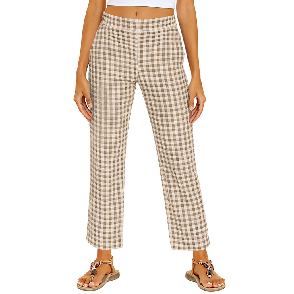 Women's Fashionable Checkered Elastic Waist Straight Leg Casual Pants