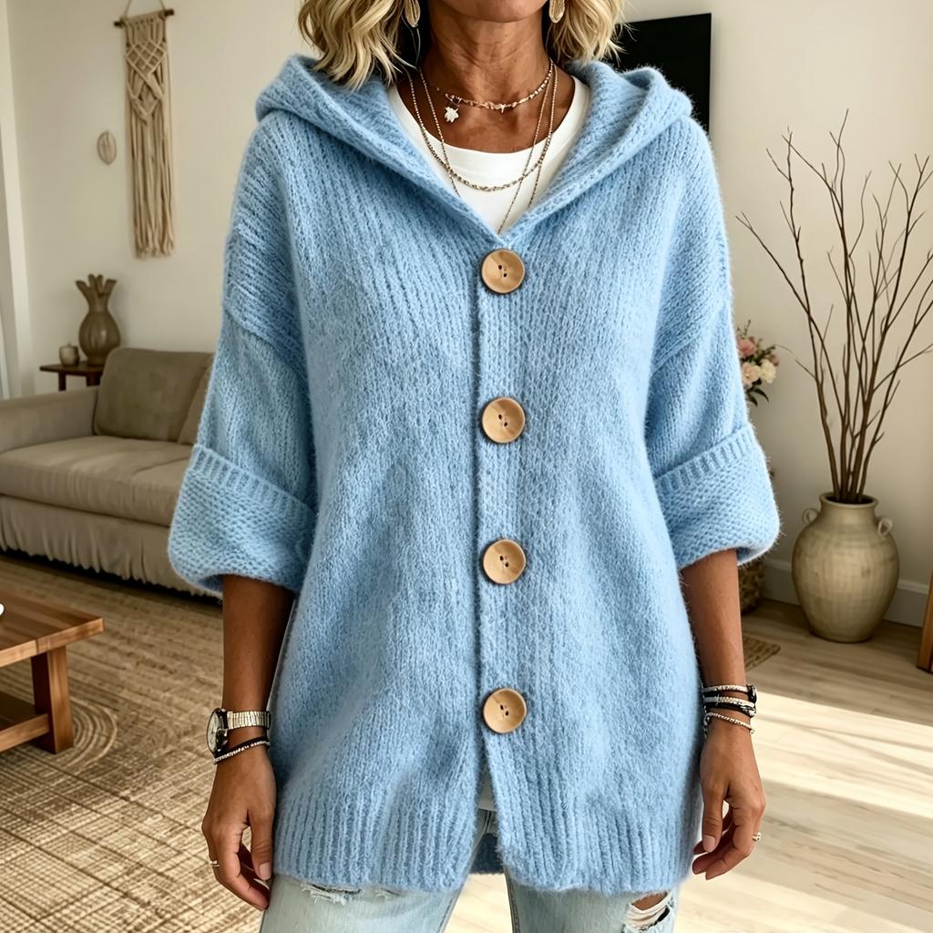 Cardigan con cappuccio e bottoni a manica lunga colorato da donna per autunno inverno