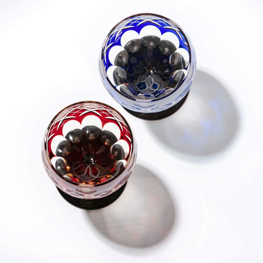 Official Direct Sales from Taiburo Edo Kiriko and Yarai Nanko Pattern Wine Pair Red and Amber Wooden Made in Japan Studio Four-Leaf Glasses, (Amber
