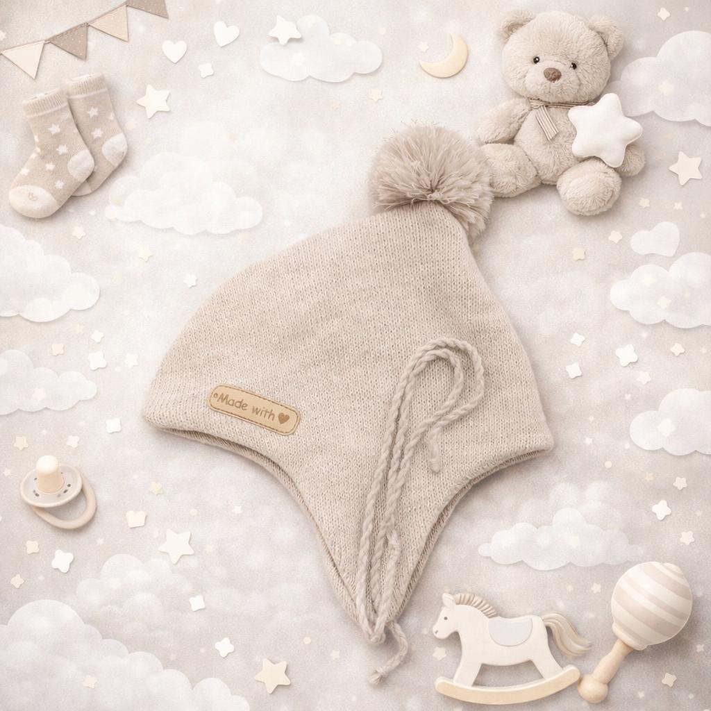 Baby Hat 34-36 Double Tied With Pompom Spring Autumn Light Beige