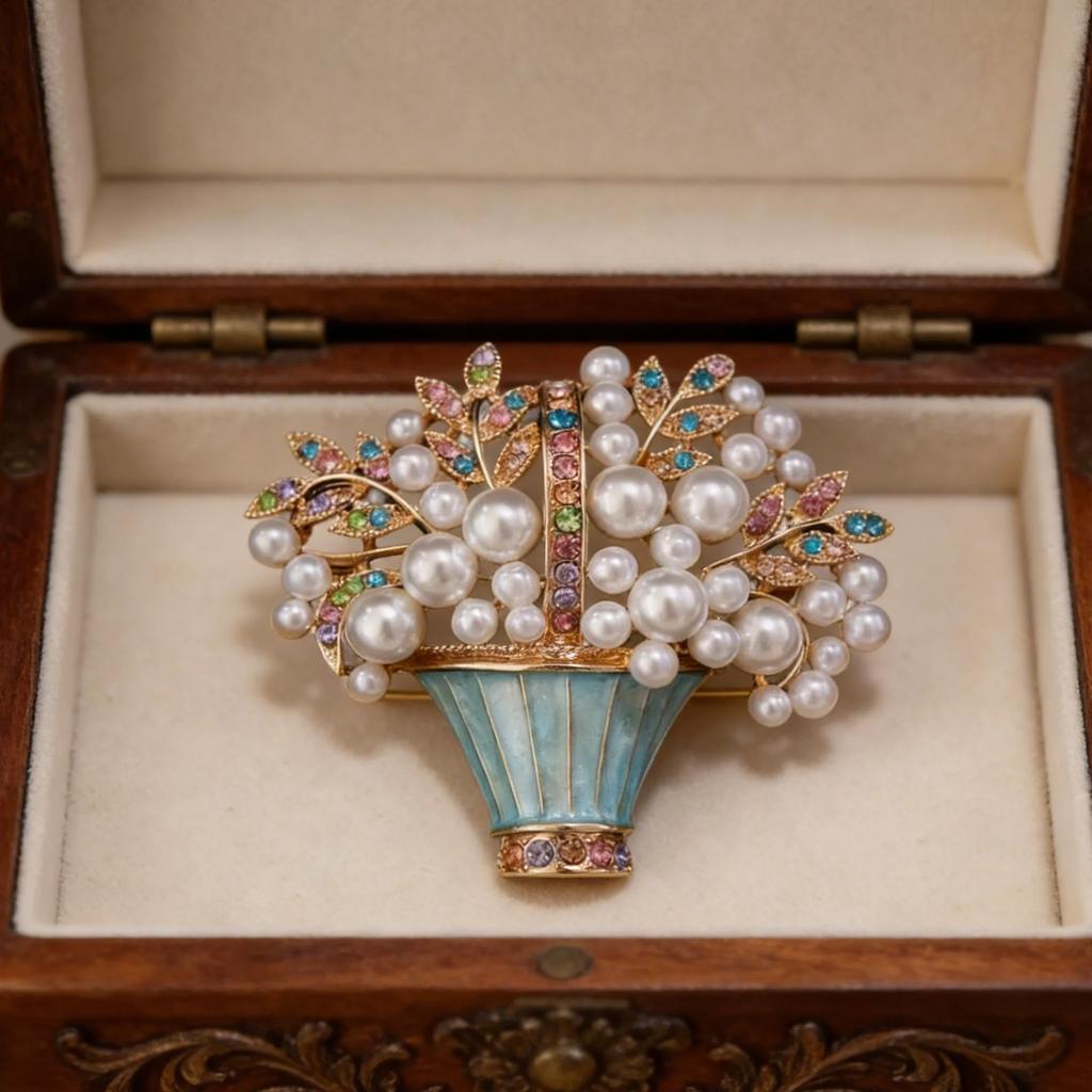 New Glazed Pearl Flower Brooch, Fashionable Flower Basket, Potted Plant Brooch, Medieval Personalized Clothing Accessories