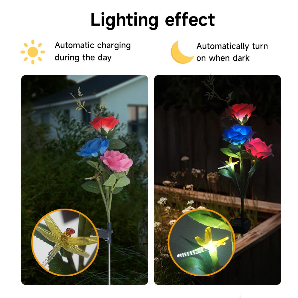 3 Heads Solar Lights Outdoor Decorative Solar Garden Lights Rose Flower Lawn Stake Lamp for Yard Patio Decor with Dragonfly