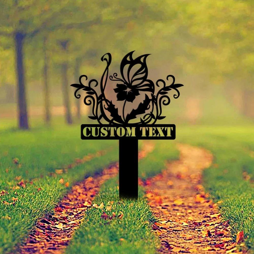 Butterfly Flower Metal Sign Garden Decor with Stake Personalized Yard Art Outdoor Wall Decor
