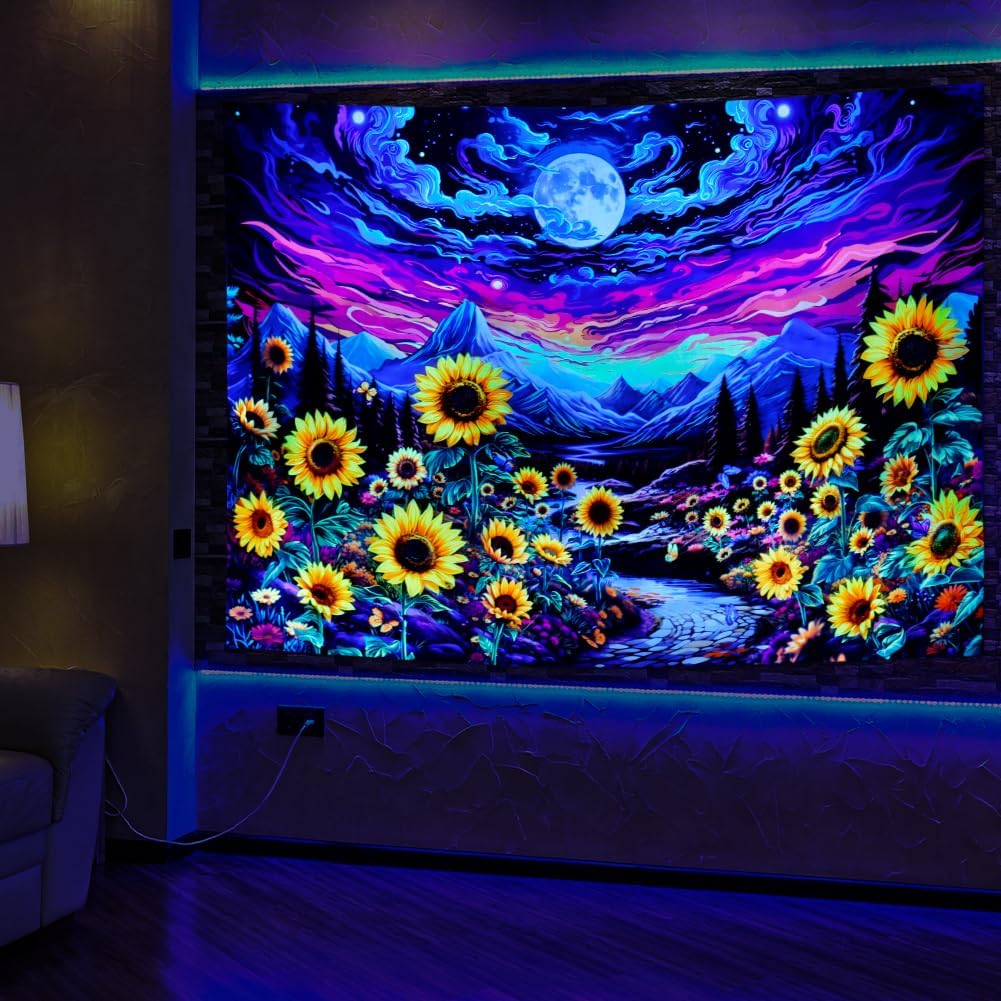 Dermijer Blacklight Moon Sunflower Tapestry Starry Night Mountian UV Reactive Wall Hanging Tapestries Galaxy Space Nature Landscape Tapestry for Home