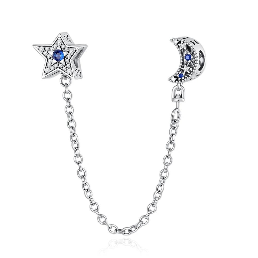 925 Silver Star Moon Crown Pendant DIY Bracelet Spacer Bead Women Jewelry Safety Chain New