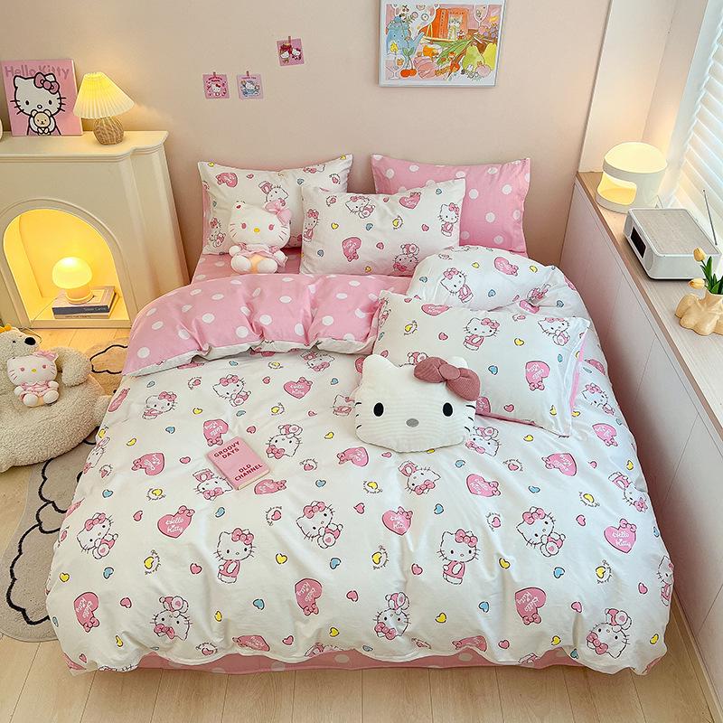 Hello Kitty All-Cotton Cute Cartoon Girl Fitted Sheet & Duvet Set - 4-Pc Dorm Style