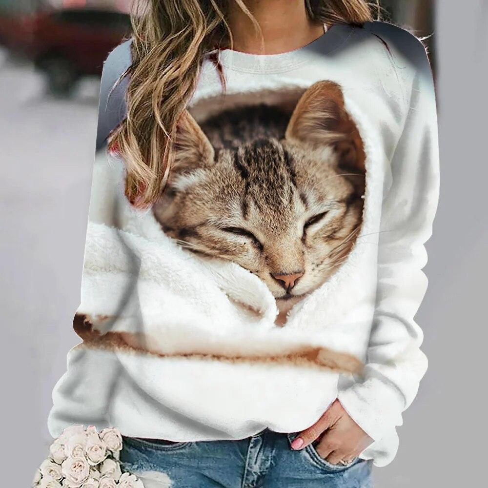 Kadın kazak moda O boyun uzun kollu tişört gevşek taklit pamuklu giysiler kadın rahat sevimli kedi T Shirt kızlar için sokak