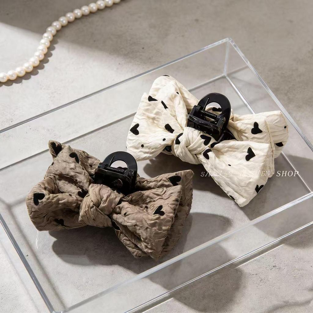 Korean Style Love Heart Polka Dot Double Bow Claw Clip – Fashionable Versatile Hair Accessory
