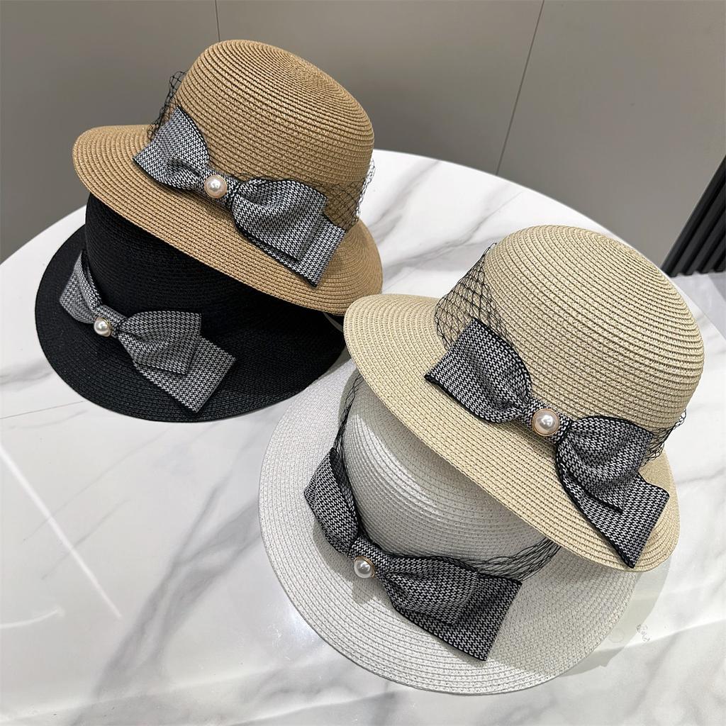 New Simple Hepburn Butterfly Knot Straw Hat Women's Beach Hat French Vintage Pearl Fisherman Sun Hat Bucket Hat